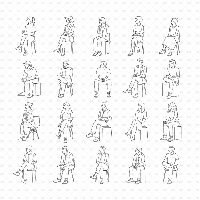 Full set of 20 seated people with chairs and stools on a white background