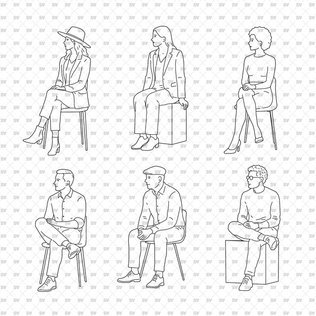 Free micro set of six seated people on a white background