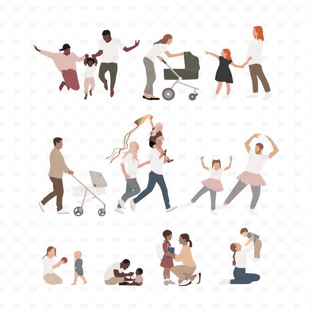 Vector, PNG Families in Front and Side View Set