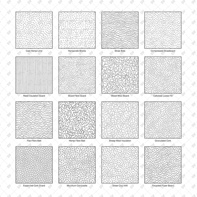 16 bio-based construction material hatches for architectural sections, arranged in a 4 by 4 catalog