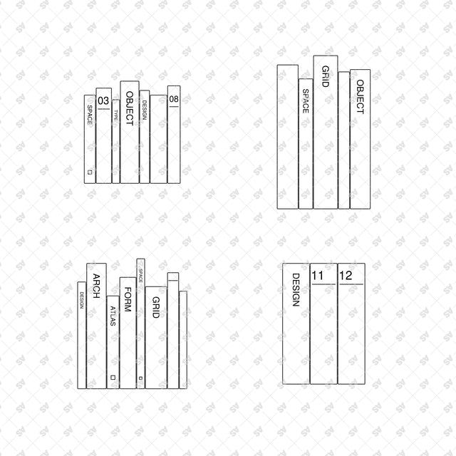 Design book arrangements 01 to 04, minimal Swiss graphics and front-view linework