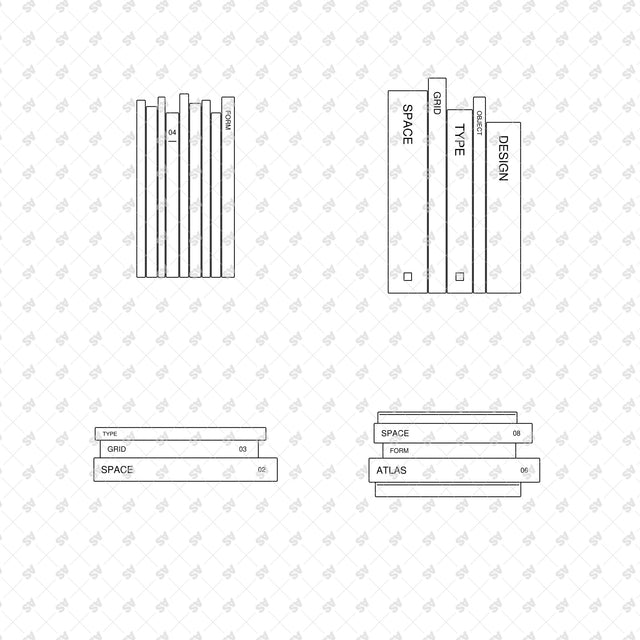 Design book arrangements 05 to 08, minimal Swiss graphics and front-view linework