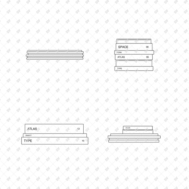 Design book arrangements 09 to 12, minimal Swiss graphics and front-view linework