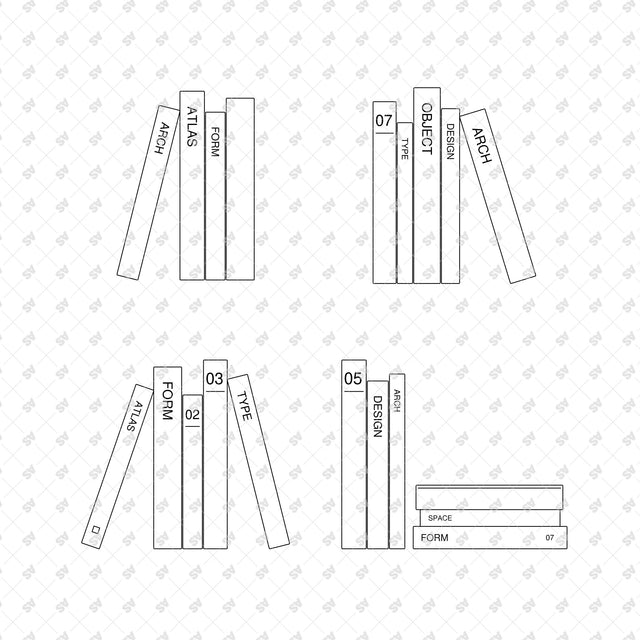 Design book arrangements 13 to 16, minimal Swiss graphics and front-view linework