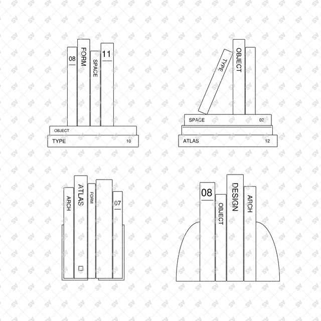 Design book arrangements 17 to 20, minimal Swiss graphics and front-view linework