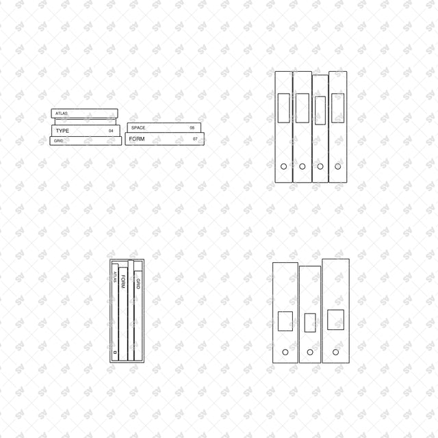 Design book arrangements 25 to 28, minimal Swiss graphics and front-view linework