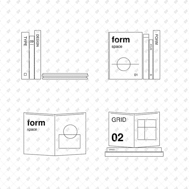 Design book arrangements 29 to 32, minimal Swiss graphics and front-view linework