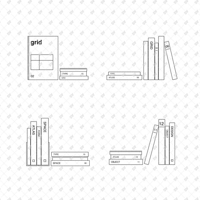 Design book arrangements 33 to 36, minimal Swiss graphics and front-view linework