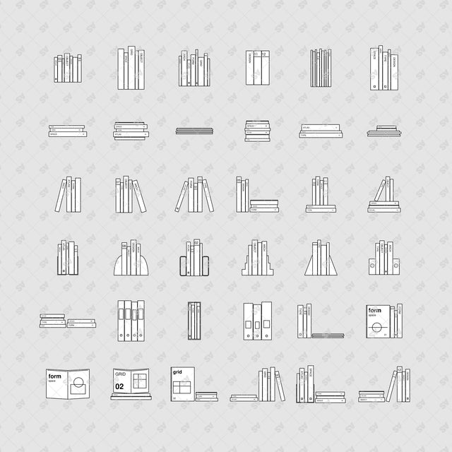 Complete catalogue of 36 design book arrangements on a light gray background