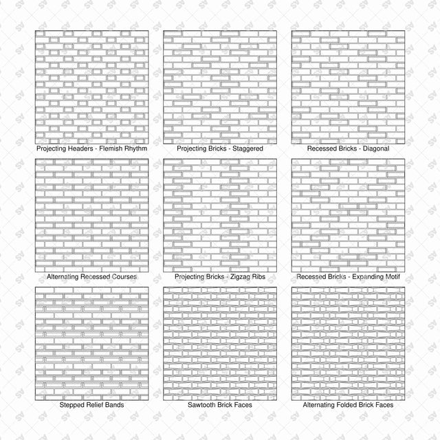 Illustrator Pattern Library - Brick Relief Façade Patterns - 9 Swatches