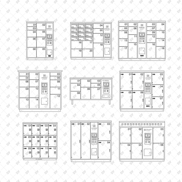Parcel and luggage locker front elevations with large door numbers and generic service signage