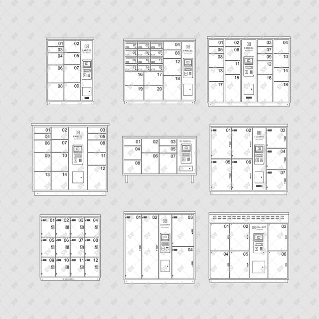 Parcel and luggage locker front elevations on a light gray background