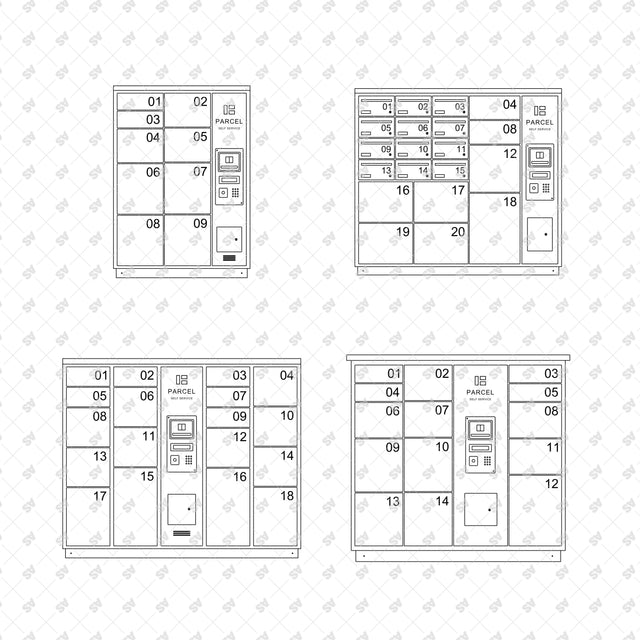 Compact parcel tower, mail and parcel wall, metropolitan station and outdoor parcel bank in front view