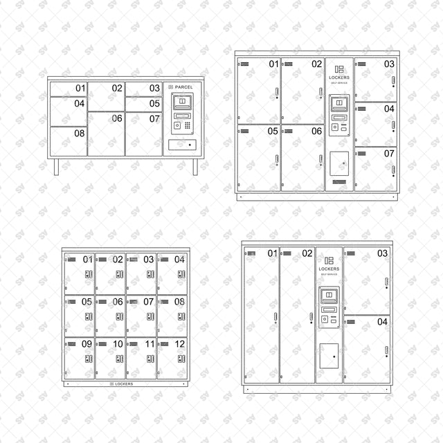 Lobby collection console, airport luggage bank, shopping lockers and oversize luggage lockers in front view