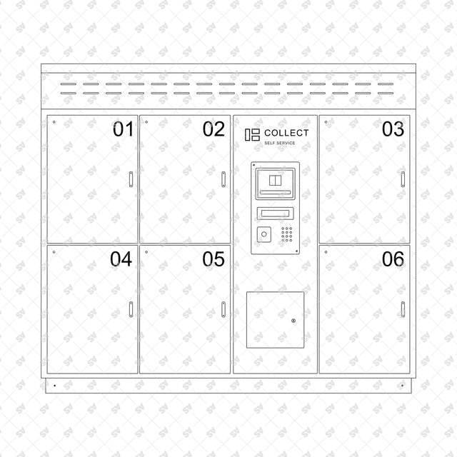 Cooled click and collect locker bank with control panel and numbered doors in front view