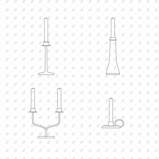 Slender Brass Taper Candlestick; Turned Teak Candlestick; Two Branch Brass Candelabrum; Brass Chamberstick, front elevation line drawings