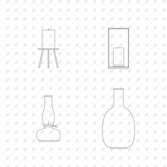 Tripod Pillar Candle Stand; Glass Hurricane Candleholder; Glass and Brass Oil Lamp; Tall Stoneware Bottle Vase, front elevation line drawings