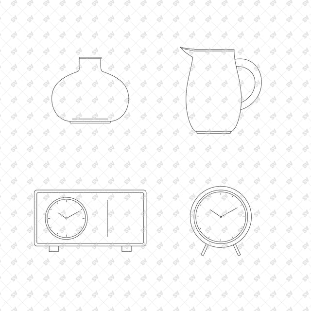 Squat Round Glass Vase; Stoneware Water Pitcher; Walnut Mantel Clock; Brass Round Desk Clock, front elevation line drawings