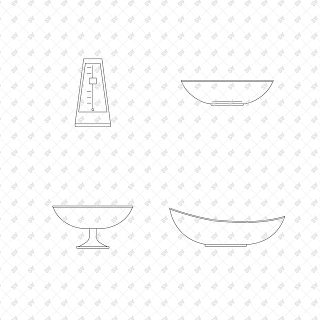 Wooden Pendulum Metronome; Low Teak Serving Bowl; Footed Ceramic Fruit Bowl; Elongated Glass Centrepiece Bowl, front elevation line drawings