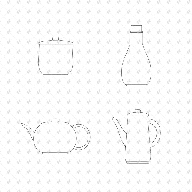 Lidded Ceramic Storage Jar; Cork Stoppered Glass Carafe; Ceramic Teapot; Tall Enamel Coffee Pot, front elevation line drawings