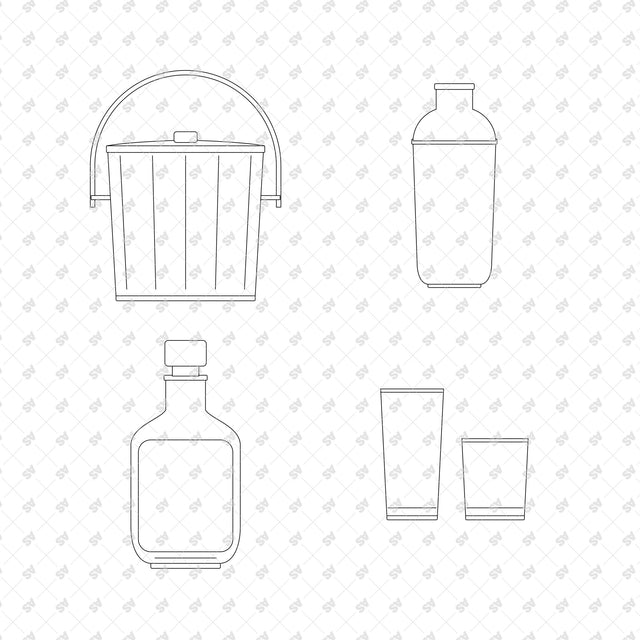 Teak Ice Bucket; Stainless Steel Cocktail Shaker; Shouldered Glass Decanter; Highball and Tumbler Glasses, front elevation line drawings