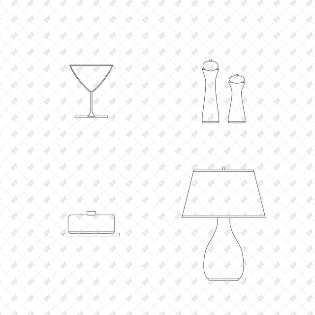 Stemmed Cocktail Glass; Turned Pepper and Salt Mills; Covered Ceramic Butter Dish; Ceramic Table Lamp with Linen Shade, front elevation line drawings