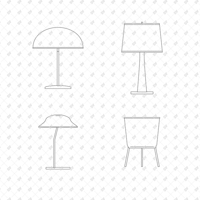Metal Dome Table Lamp; Teak Column Table Lamp; Brass Task Table Lamp; Ceramic Planter on Teak Stand, front elevation line drawings