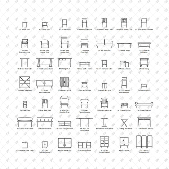 Complete catalogue of 49 Nordic bentwood furniture front elevations on white