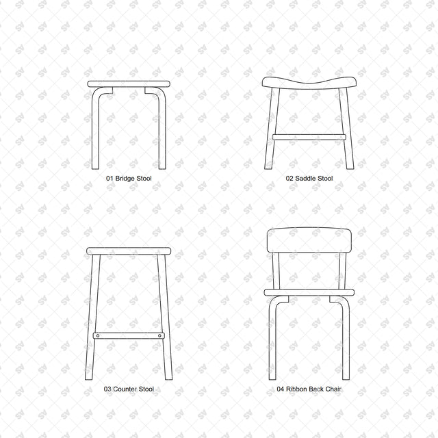 Nordic bentwood furniture front elevations: Bridge Stool, Saddle Stool, Counter Stool, Ribbon Back Chair