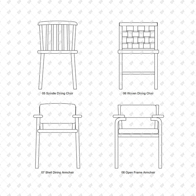 Nordic bentwood furniture front elevations: Spindle Dining Chair, Woven Dining Chair, Shell Dining Armchair, Open Frame Armchair