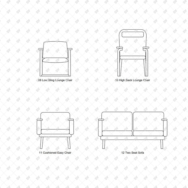 Nordic bentwood furniture front elevations: Low Sling Lounge Chair, High Back Lounge Chair, Cushioned Easy Chair, Two Seat Sofa