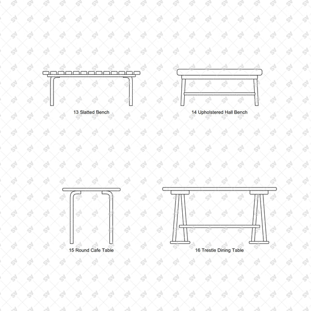 Nordic bentwood furniture front elevations: Slatted Bench, Upholstered Hall Bench, Round Cafe Table, Trestle Dining Table