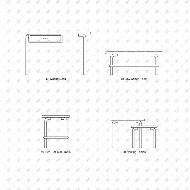 Nordic bentwood furniture front elevations: Writing Desk, Low Coffee Table, Two Tier Side Table, Nesting Tables