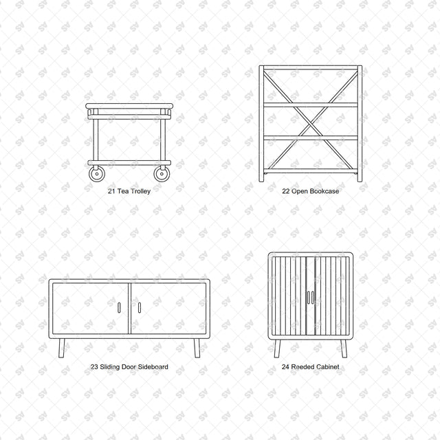 Nordic bentwood furniture front elevations: Tea Trolley, Open Bookcase, Sliding Door Sideboard, Reeded Cabinet