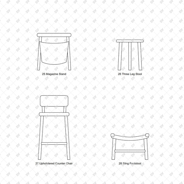 Nordic bentwood furniture front elevations: Magazine Stand, Three Leg Stool, Upholstered Counter Chair, Sling Footstool