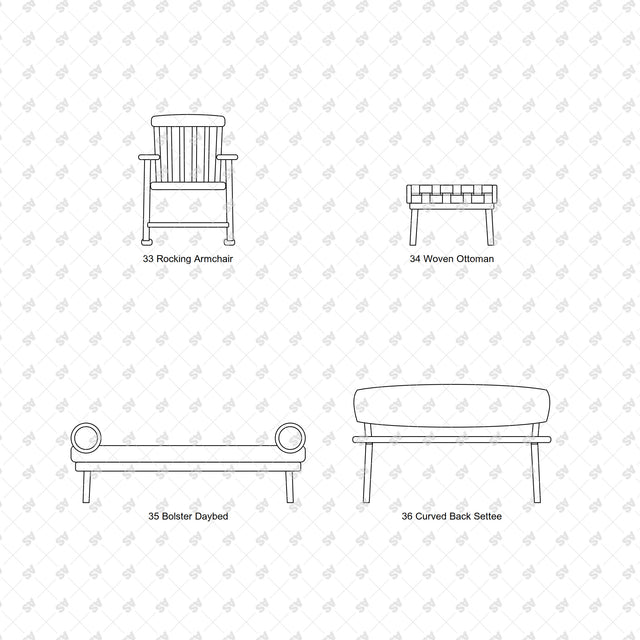 Nordic bentwood furniture front elevations: Rocking Armchair, Woven Ottoman, Bolster Daybed, Curved Back Settee