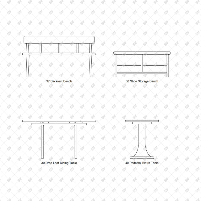 Nordic bentwood furniture front elevations: Backrest Bench, Shoe Storage Bench, Drop Leaf Dining Table, Pedestal Bistro Table