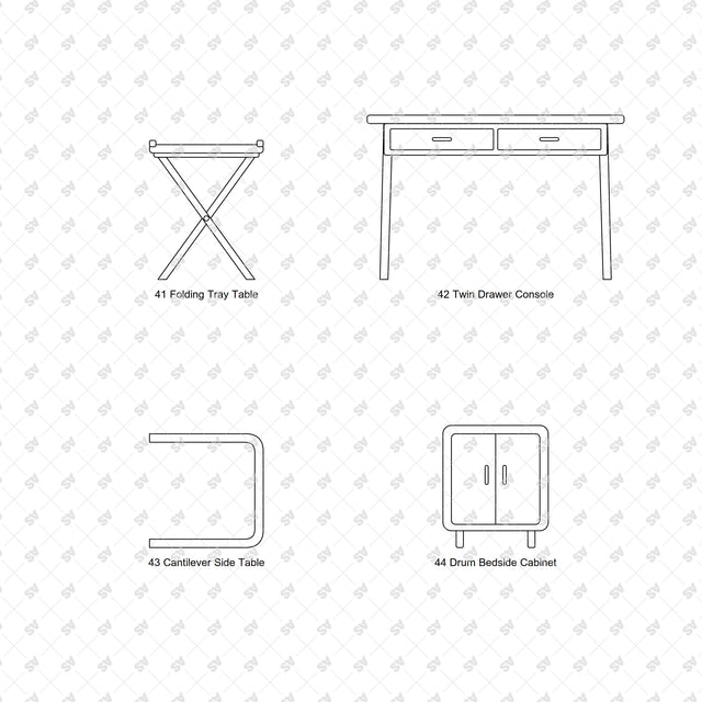 Nordic bentwood furniture front elevations: Folding Tray Table, Twin Drawer Console, Cantilever Side Table, Drum Bedside Cabinet