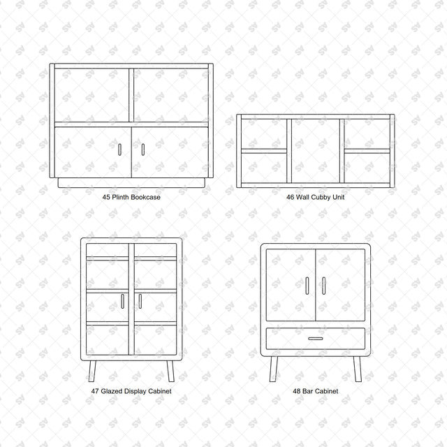 Nordic bentwood furniture front elevations: Plinth Bookcase, Wall Cubby Unit, Glazed Display Cabinet, Bar Cabinet