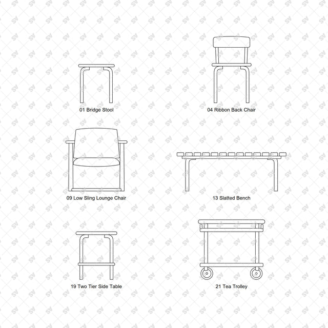 Six selected Nordic bentwood furniture front elevations in the free micro set on white