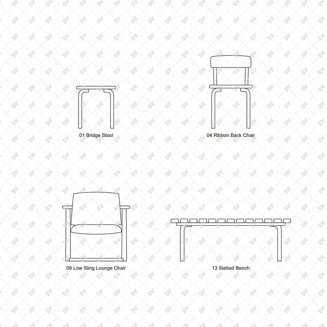 Nordic bentwood furniture front elevations: Bridge Stool, Ribbon Back Chair, Low Sling Lounge Chair, Slatted Bench
