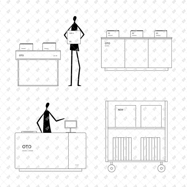 Record store furniture and displays in front elevation, compositions 01 to 04