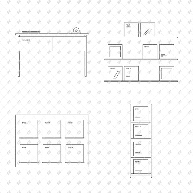 Record store furniture and displays in front elevation, compositions 05 to 08