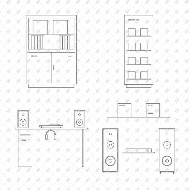 Record store furniture and displays in front elevation, compositions 09 to 12
