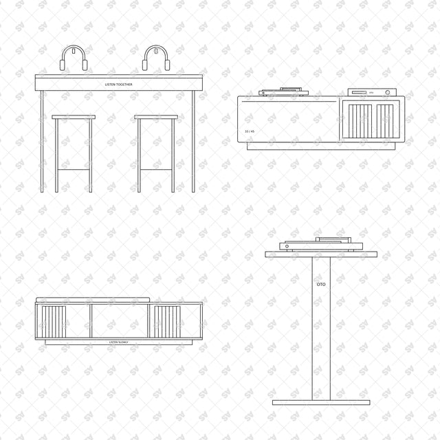 Record store furniture and displays in front elevation, compositions 13 to 16