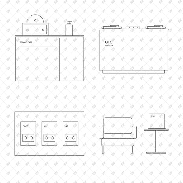 Record store furniture and displays in front elevation, compositions 17 to 20