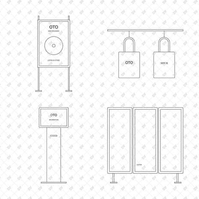 Record store furniture and displays in front elevation, compositions 21 to 24