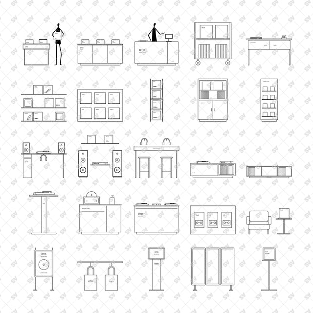 25 record store furniture and display compositions in front elevation, complete CAD SVG and PNG catalogue