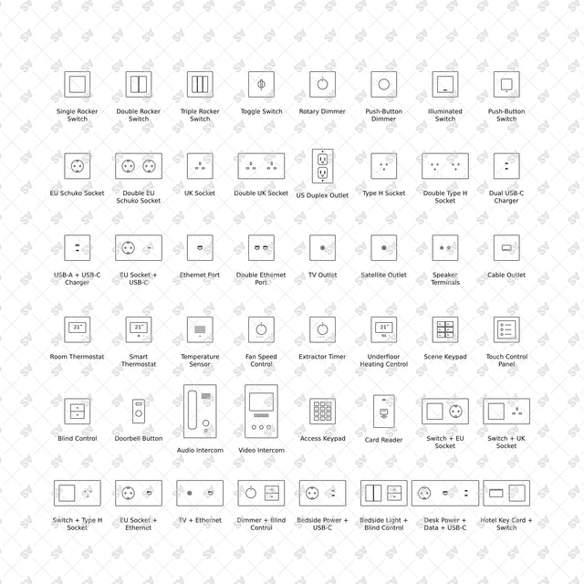 48 switches, sockets and wall controls in front elevation, full catalogue