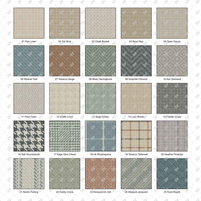 Catalog of 25 woven fabric vector patterns for interior drawings, with numbered captions